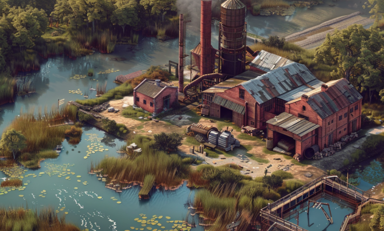 Midjourney created panoramic, bird's eye image of a brickwork in a swamp